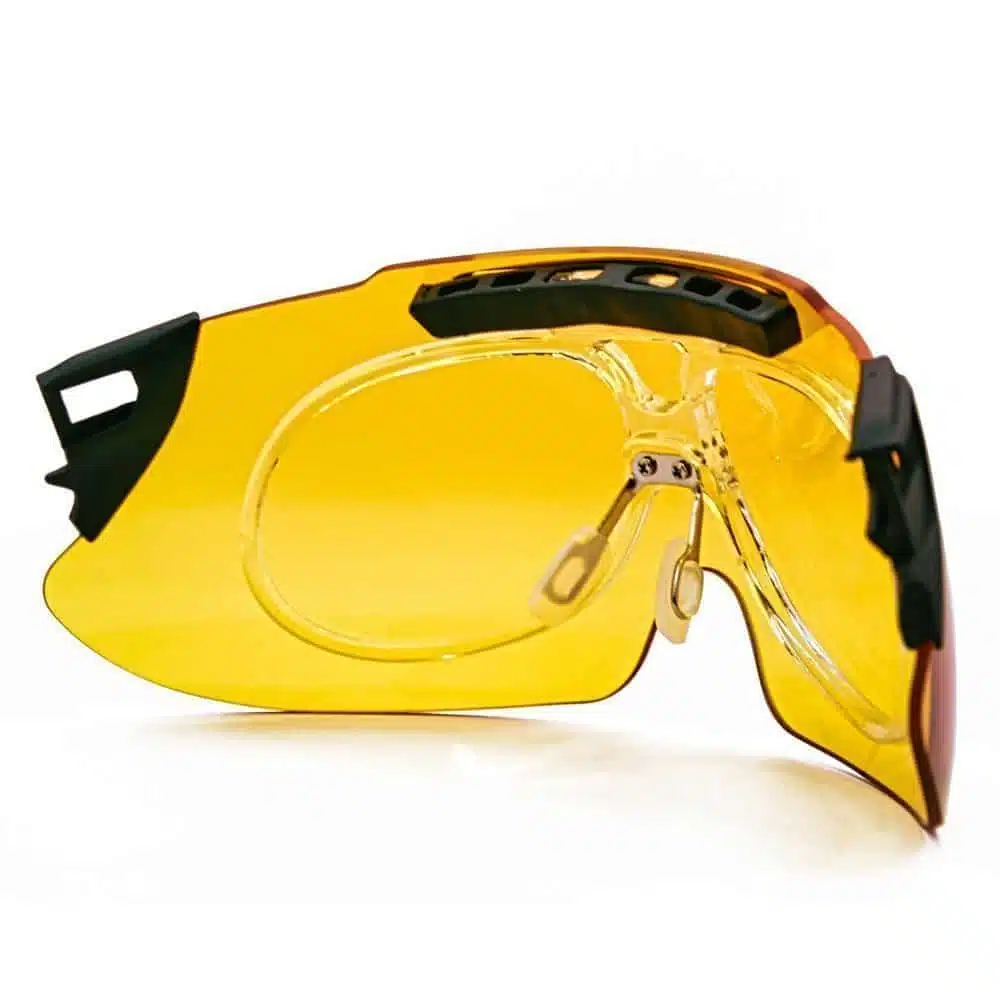 X Sight Sport Shooting Glasses - RX Prescription Insert attached to yellow lens angled view