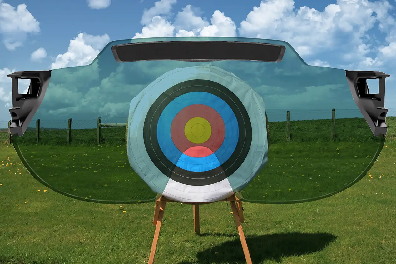 Montage capturing a full archery target with full colour archery face on a straw boss set against a green field with clear blue skies in the background. Superimposed on top is the X Sight lens from behind, providing a visual representation of how the target appears through the lens color. In this case the lens colour being represented is Fire Ruby.