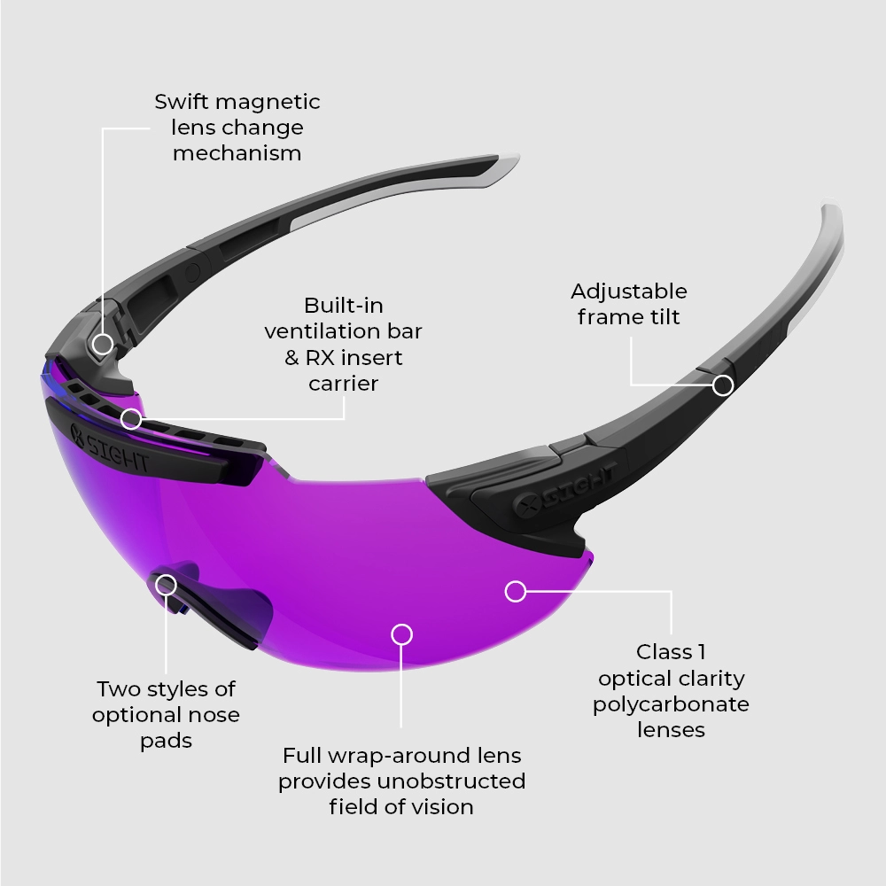 Hero product photo of X Sight Sport 2RX shooting glasses, showcasing a slightly angled above view. An infographic diagram overlays the image, highlighting the following features: Swift magnetic lens change mechanism for quick swaps. Adjustable frame tilt for personalized fit. Built-in ventilation bar & RX insert carrier for enhanced comfort. Two styles of optional nose pads for customizing comfort. Full wrap-around lens provides an unobstructed field of vision. Class 1 optical clarity polycarbonate lenses ensure clear vision. Designed for clay shooting, trap shooting, skeet shooting, hunting, and archery. These glasses offer unparalleled versatility and performance, making them a top choice for shooting and archery enthusiasts alike.