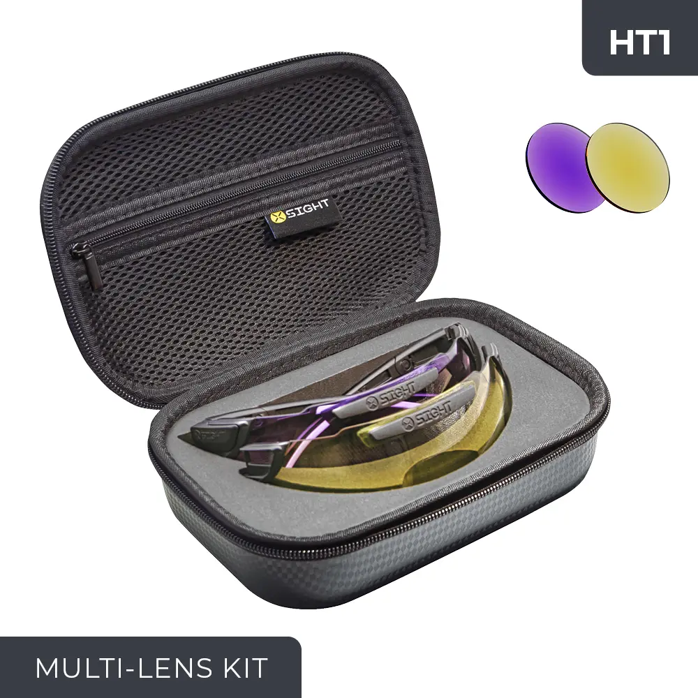 The HT1 two-lens kit by X Sight Sport offers a compact and versatile option for shooters. This kit includes two lens colours: Light Purple and Light Yellow. The Light Purple lens enhances target visibility in various lighting conditions, while the Light Yellow lens provides increased contrast and improved vision in low-light situations. Whether you're engaging in clay shooting or other sporting activities, the HT1 kit provides a convenient solution with its lightweight and portable design. Elevate your shooting performance with the HT1 two-lens kit from X Sight Sport.