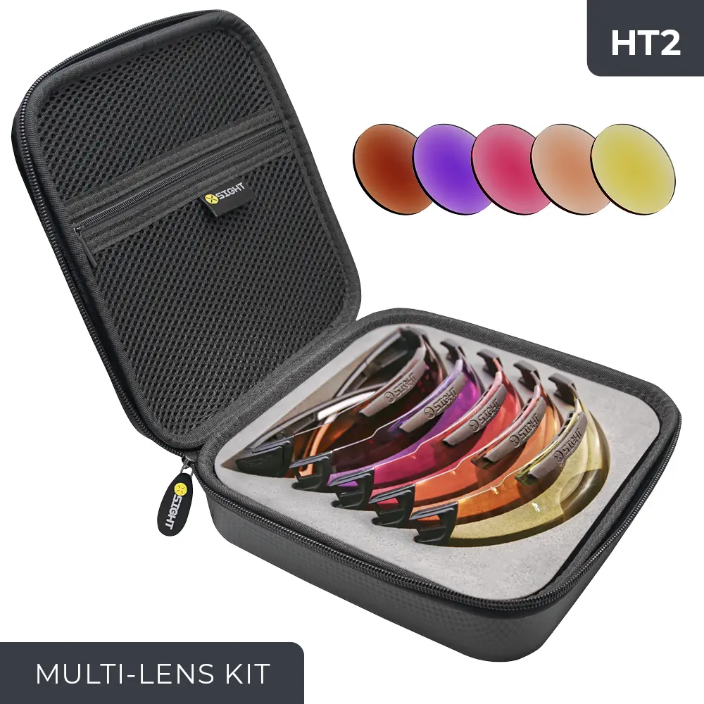 The HT2 multi lens kit by X Sight Sport is the perfect choice for shooters seeking high transmission lenses. This kit includes five lens colours: Light Brown, Light Purple, Light Pink, Light Orange, and Light Yellow. Designed for optimal light management and enhanced target visibility, the HT2 kit offers a range of lighter lenses to ensure maximum light transmission. Whether you're participating in clay shooting or other sporting disciplines, the HT2 kit provides versatility and performance in various lighting conditions. With its compact and portable design, it's easy to carry and switch between lenses for an improved shooting experience.