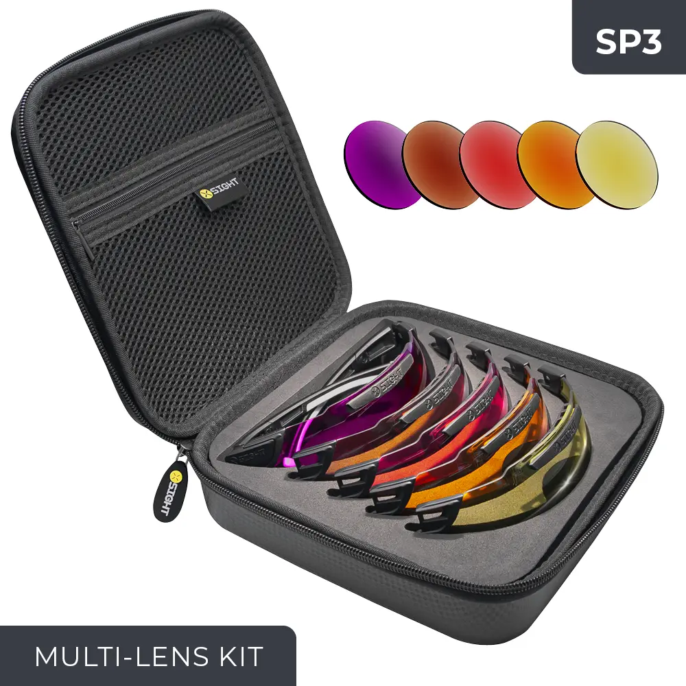 The SP3 multi lens kit by X Sight Sport is designed to enhance shooting performance with the 2RX model of glasses. This kit features five lens colours: Electric Purple, Light Brown, Vermilion, Amber, and Light Yellow. These lenses offer versatility for different lighting conditions and shooting disciplines. With the ability to switch between lenses, shooters can optimize target visibility and contrast. The lenses are conveniently stored in a zip-up case, providing easy access and protection. The SP3 multi lens kit is a valuable accessory for shooters seeking improved visual clarity and performance.
