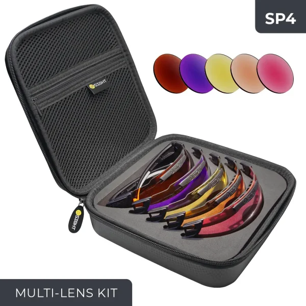 The SP4 multi lens kit by X Sight Sport offers a versatile selection of lenses for the 2RX model of shooting glasses. This kit includes five lens colours: Auburn, Deep Purple, Light Yellow, Light Orange, and Light Pink. The lenses provide a range of options to enhance visibility and target contrast in different lighting conditions. The lenses are neatly organized in a convenient zip-up case, making it easy to switch between them. The SP4 multi lens kit is a valuable accessory for shooters, providing flexibility and performance in various shooting disciplines.