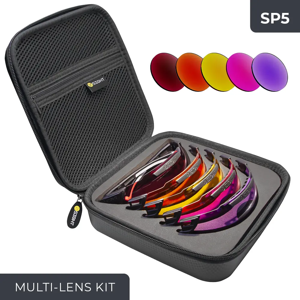 The SP5 multi lens kit for the 2RX model of X Sight sport shooting glasses is a comprehensive package that includes five interchangeable lenses. The lenses included in this kit are Dark Crimson, XTRM Orange, XTRM Yellow, Neon Pink, and Light Purple. The lenses are stored in a convenient and protective zip-up case. This kit provides shooters with a range of lens options to optimize their vision and enhance target contrast in various lighting conditions. The SP5 multi lens kit is a versatile and essential accessory for shooters seeking optimal performance.